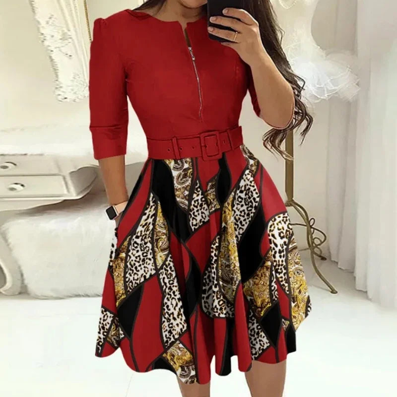 Fashion Women Patchwork A-line Dresses Autumn/Winter Round Neck