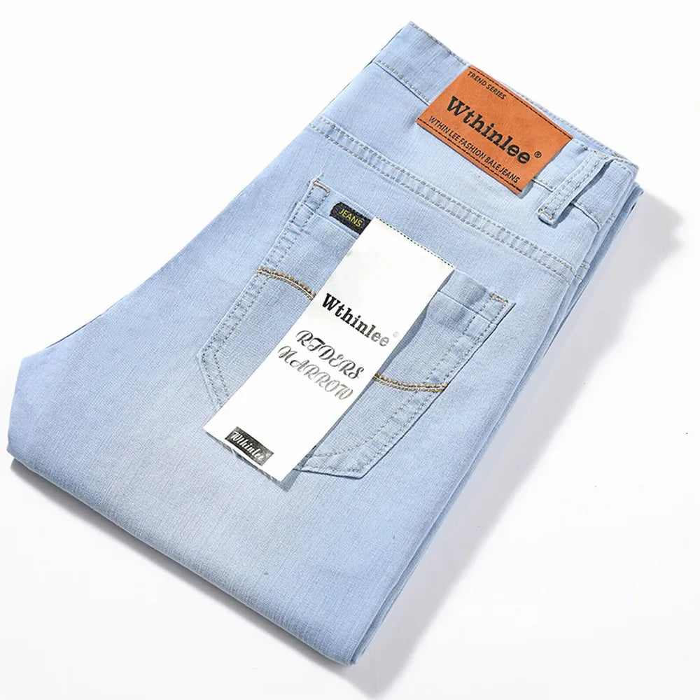 Wthinlee Spring Summer Business Jeans Men Light Blue Casual Straight