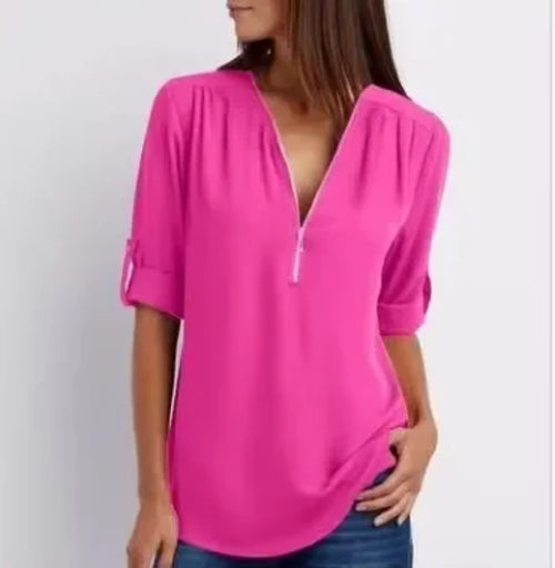 Hot Sale Women Cool Loose Shirt Deep V Neck Chiffon Fashion