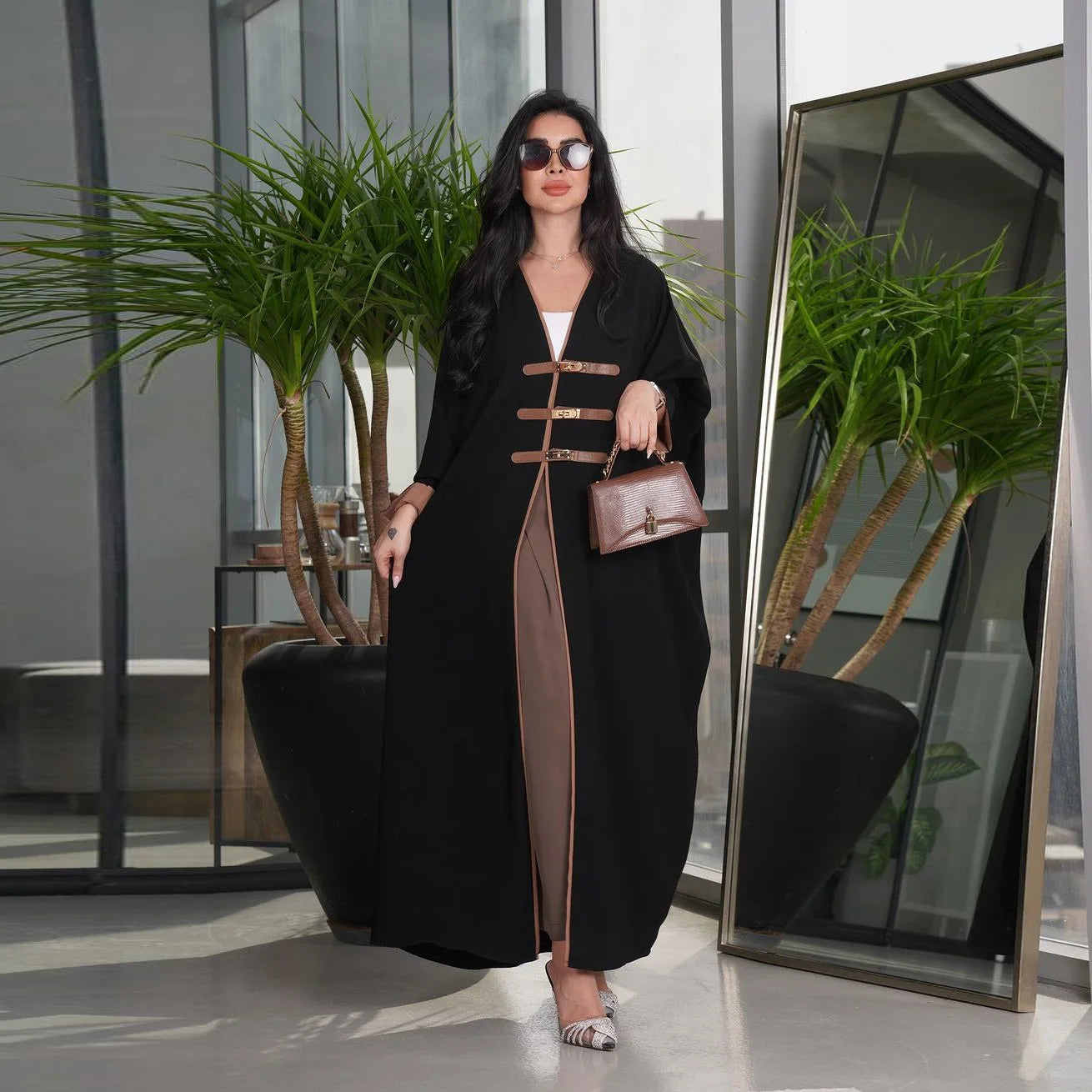 Dubai Fashion Modest Solid Open Kimono Abayas Leather Buckle