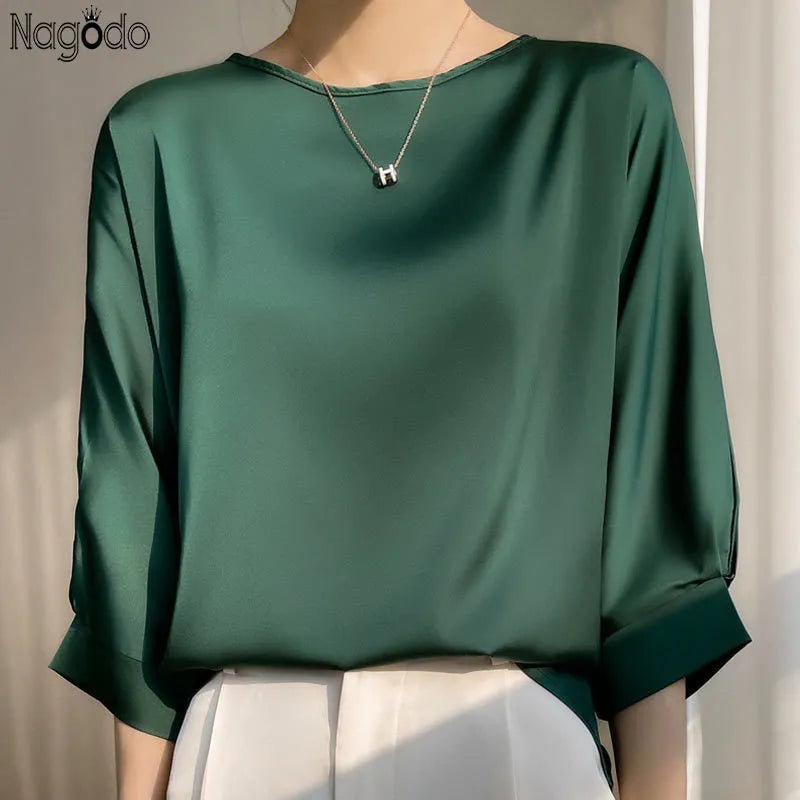 Satin Silk Half-Sleeve Tee Tops