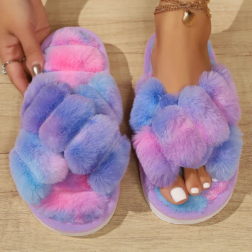 Winter Indoor House Cotton Slippers Women's Colourful Plush Fluffy