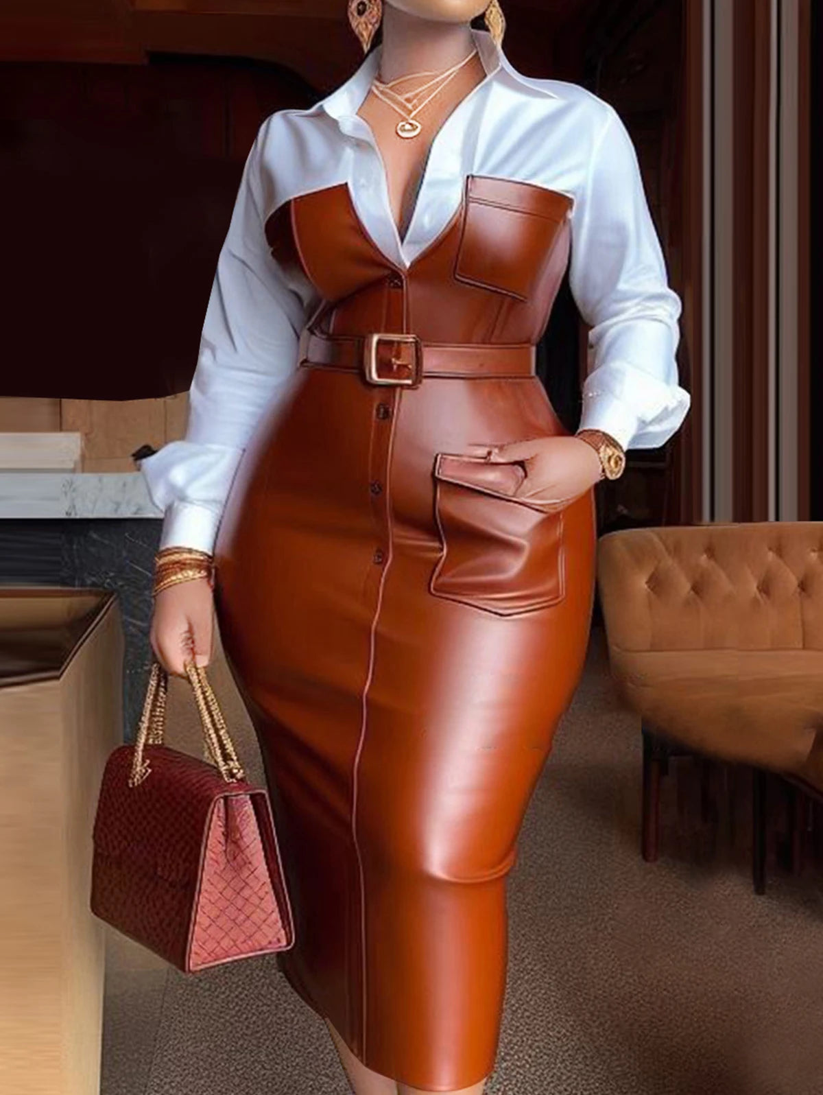 Long Sleeve Faux Leather Shirt Collar Dress