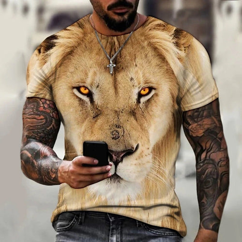 Summer Men's Round Neck T-shirt Fashion 3D Printing Lion Pattern