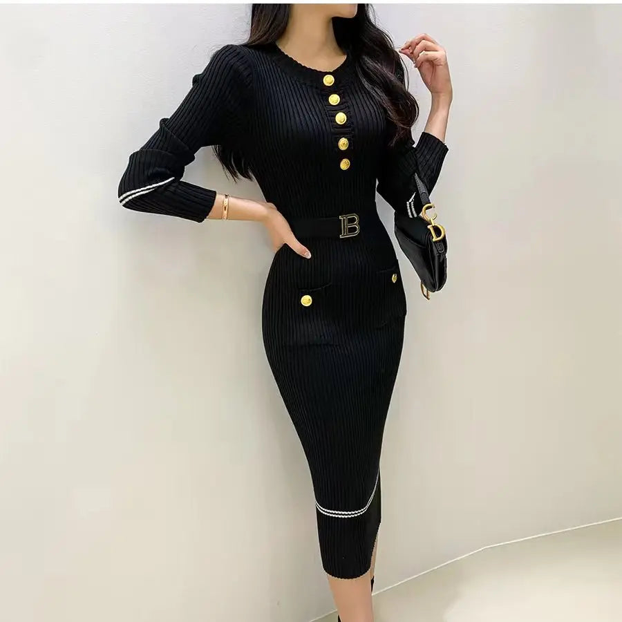 Autumn Winter Women Knitted Dress Brand Fashion O-neck Buttons Bodycon