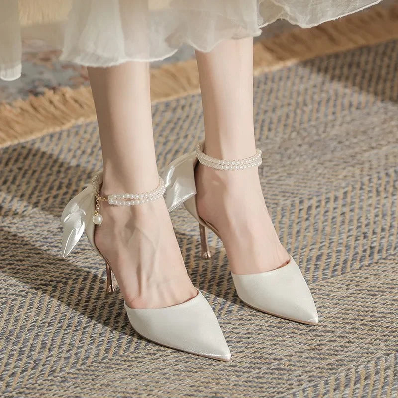 New Women Thin Heel Hollow Sandals Woman Pearl Butterfly Pointed Toe