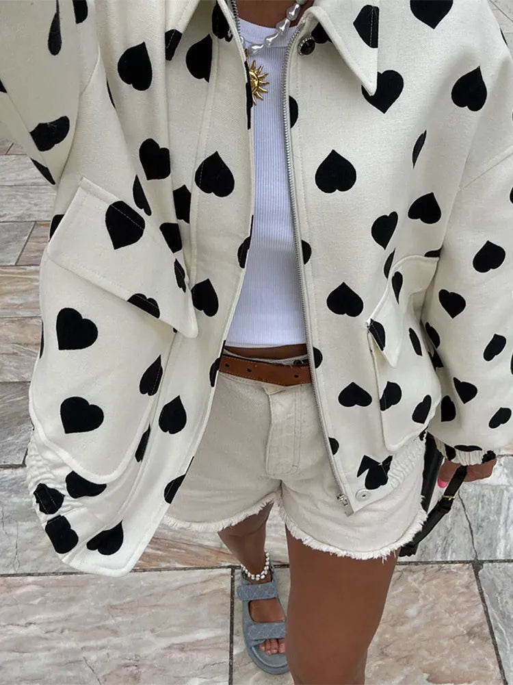 Women Elegant Black Polka Hearts Bomber Jacket Fashion Long Sleeve