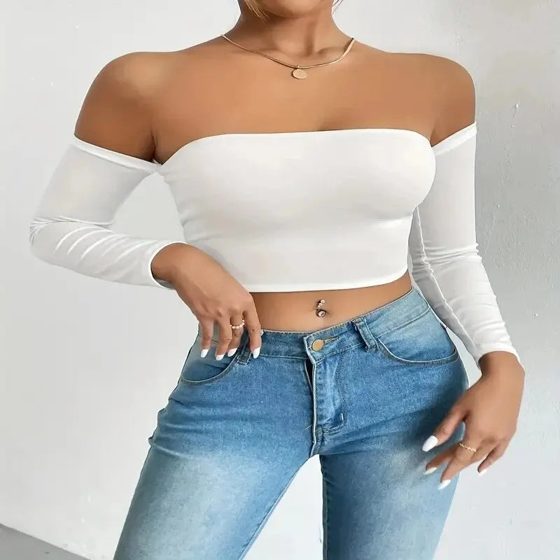 Women's Off Shoulder Long Sleeve Crop Top - Casual Spring/Fall Shirt