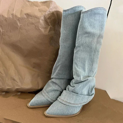 Women Pleats Blue Denim Thigh High Boots Autumn New Thick Heeled