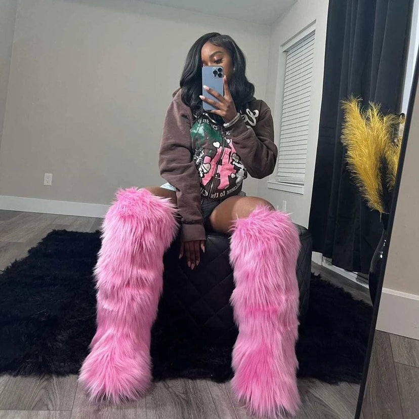 Winter Thigh High Fluffy Boots Ladies Furry Faux Fox Fur