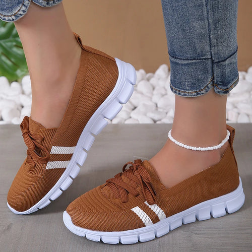 Breathable Knitted Striped Flats Shoes Women Casual Lace-Up Soft Sole