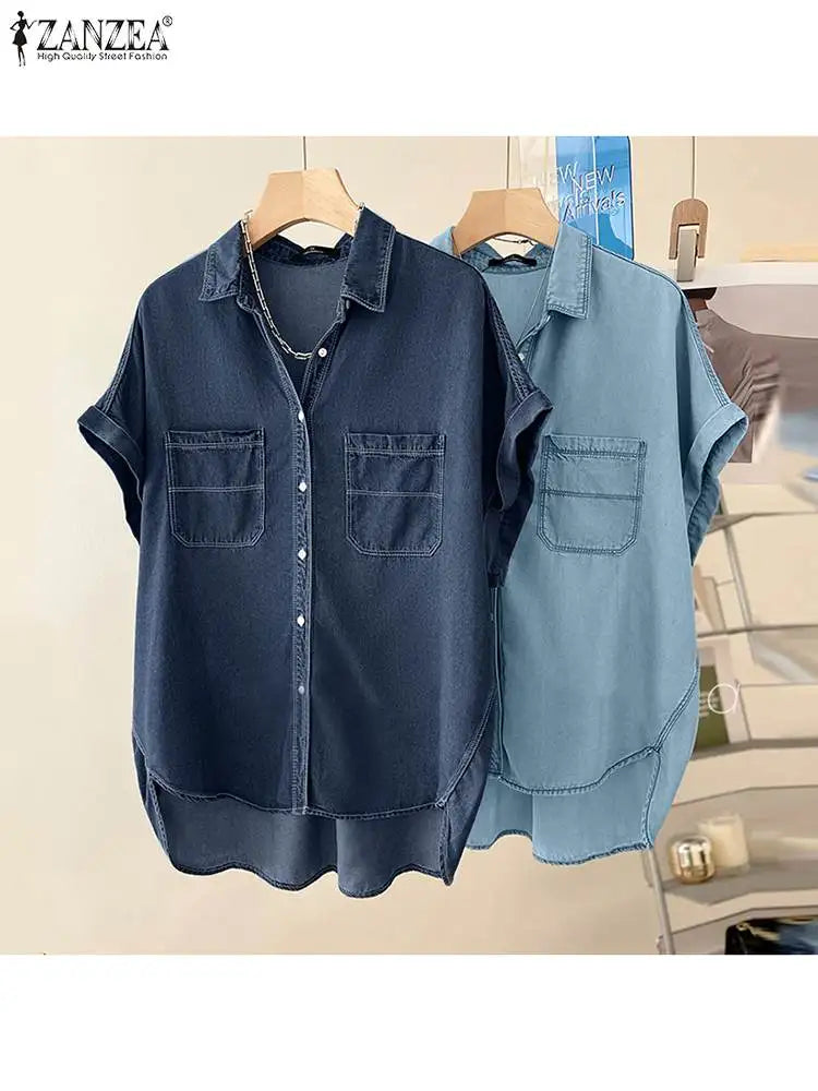 ZANZEA Elegant Short Sleeve Demin Blue Blouse Women Casual Solid