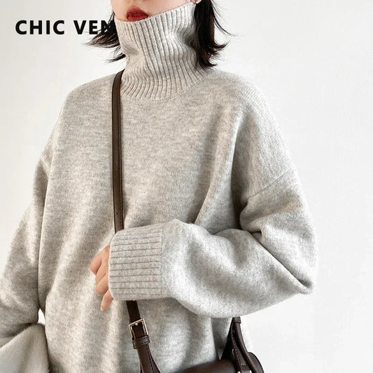 CHIC VEN Korean Women's Sweater Loose Turtleneck Sweaters Warm Solid