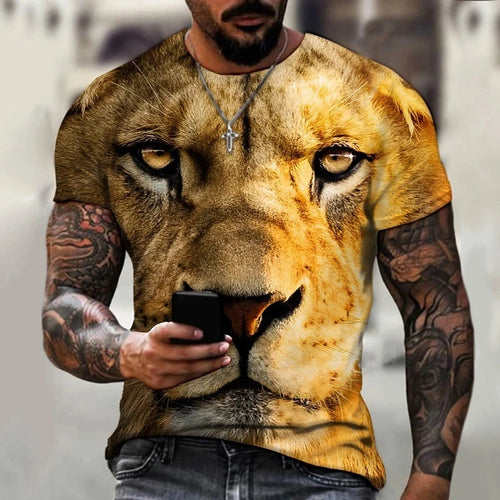 Summer Men's Round Neck T-shirt Fashion 3D Printing Lion Pattern