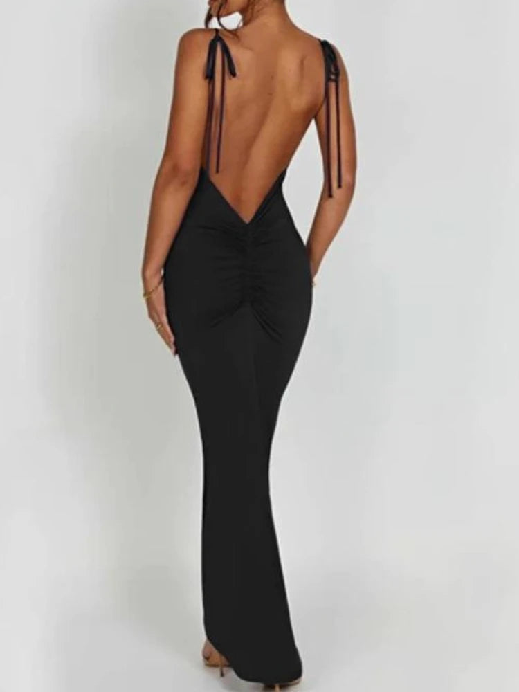 Elegant Deep Open Back Backless Slim Maxi Dress Women Spaghetti Strap