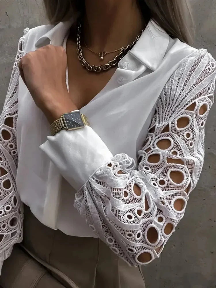 White Sexy Lace Hollow out Women Blouse Autumn Spring Black Top