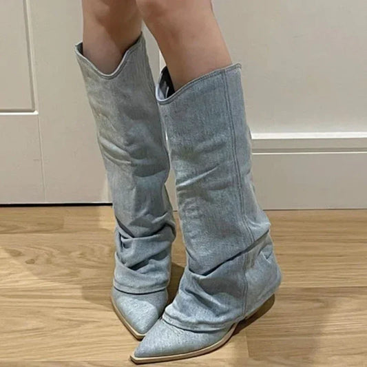 Women Pleats Blue Denim Thigh High Boots Autumn New Thick Heeled