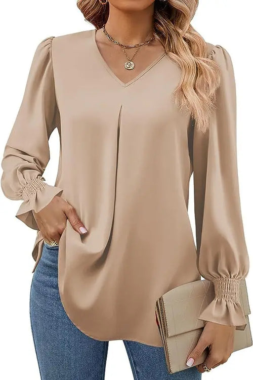 Women's New Solid Color Chiffon Shirt V-neck Pullover Flared Long