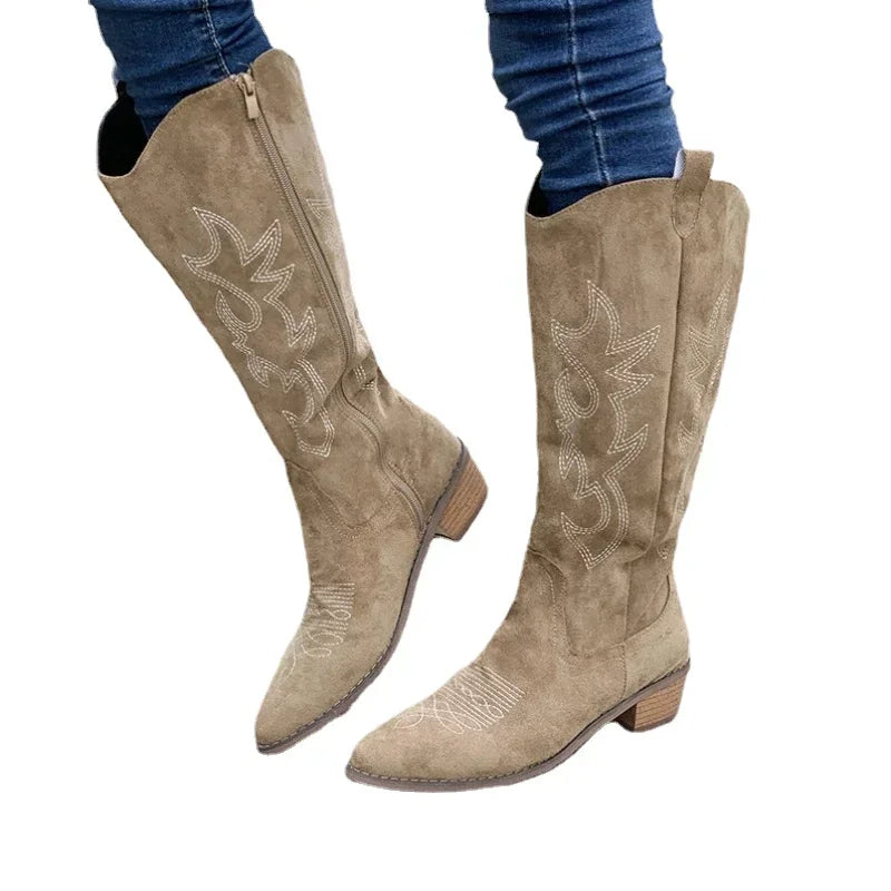 Embroidered Western Cowboy Boots for Women Autumn Pointed Toe Thick