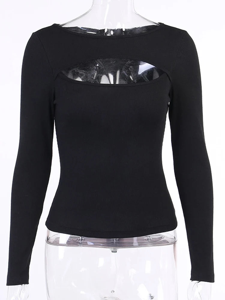 Autumn Women tshirt Hollow Out Solid Black White Long Sleeve Knitted