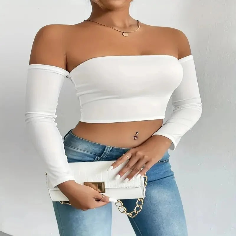 Women's Off Shoulder Long Sleeve Crop Top - Casual Spring/Fall Shirt