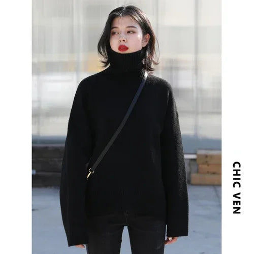 CHIC VEN Korean Women's Sweater Loose Turtleneck Sweaters Warm Solid