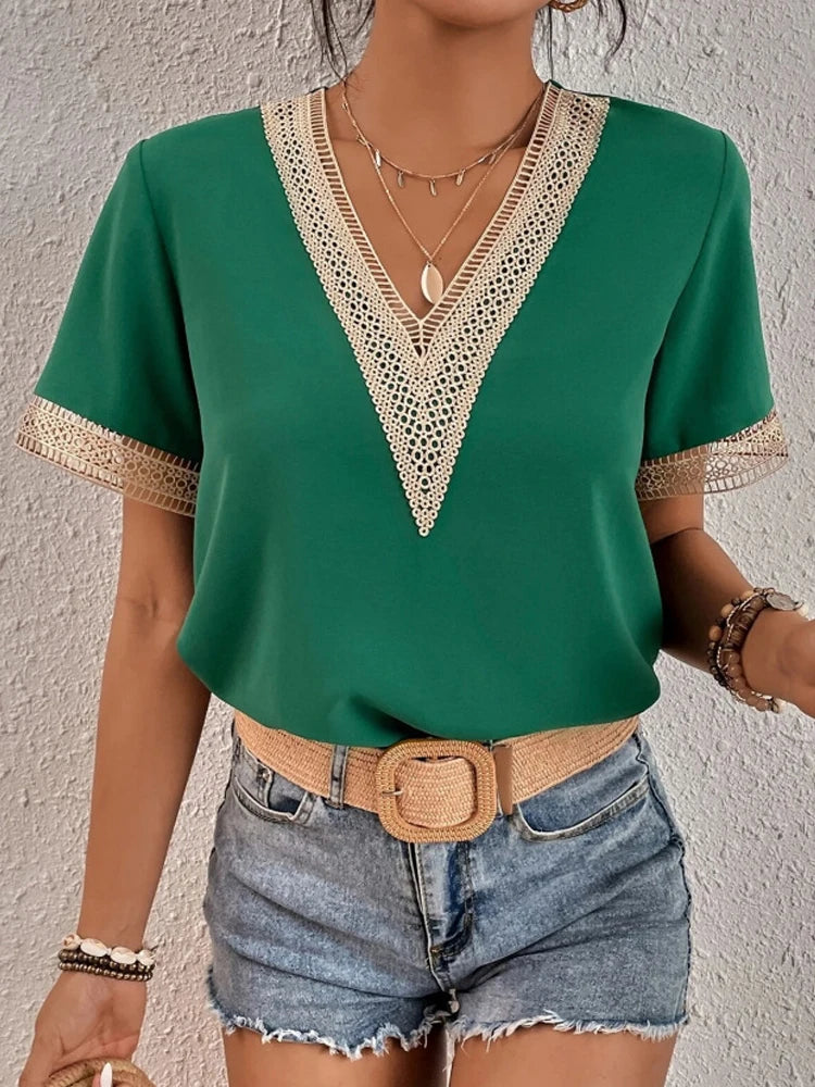 Lace V-neck short-sleeved T-shirt