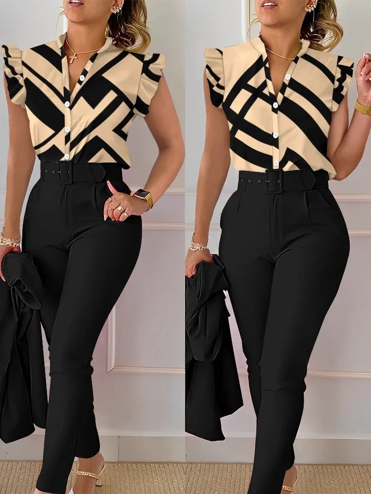 Womens Elegant Slim Two-Piece Sets Summer Fashion Print V Neck Button