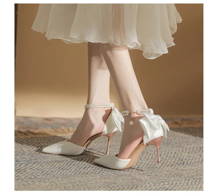 New Women Thin Heel Hollow Sandals Woman Pearl Butterfly Pointed Toe