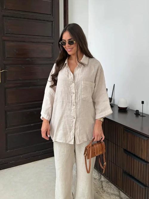 Causal Linen With Pocket Shirt Pants Suits Women Wide Leg Pants Long