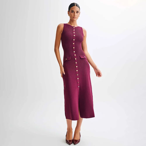 TARUXY Elegant Sleeveless Single-Breasted Ribbed Knitwear Long Dress