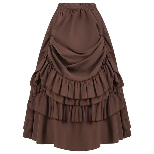 Brown Ruffled High Waisted Long Victorian Skirt Steampunk Skirts