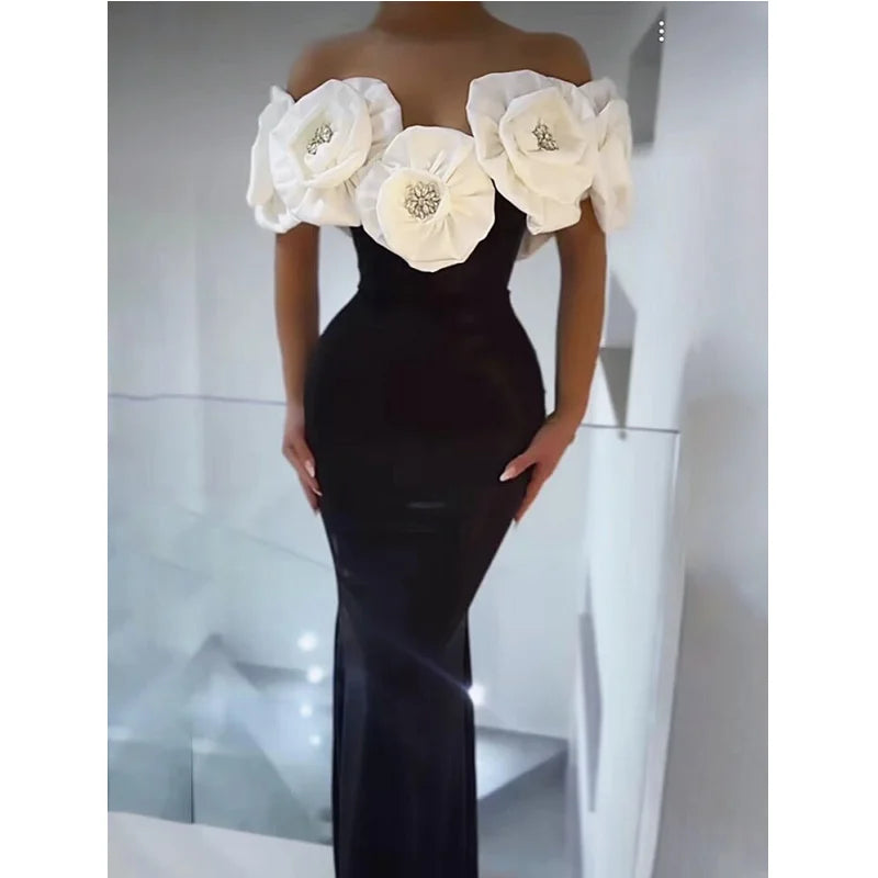 Stereoscopic White Flowers Sexy Off The Shoulder Ankle Lenght Bandage