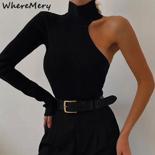 WhereMery Fantasy Single Sleeve Off Shoulder Bodysuit Sexy Turtleneck