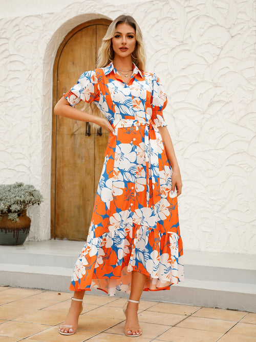 Women Floral Print Long Dress Summer Casual  Turn-down Collar Half