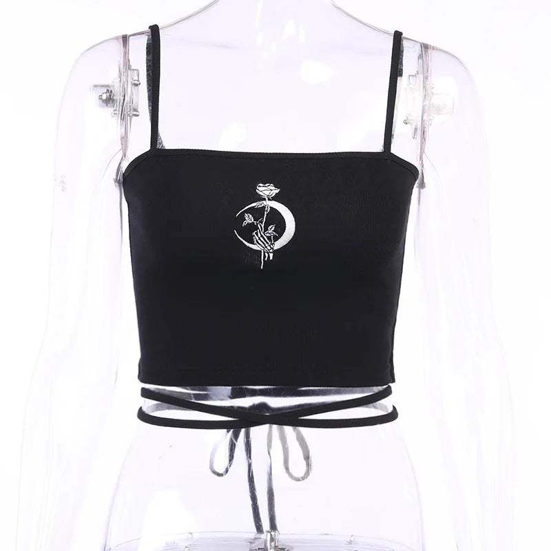 Gothic Women's Print Suspender Sleeveless Square Neck Slim Crop Top