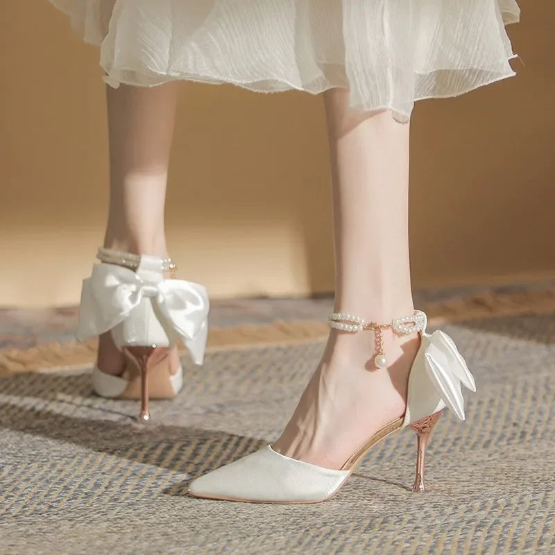 New Women Thin Heel Hollow Sandals Woman Pearl Butterfly Pointed Toe