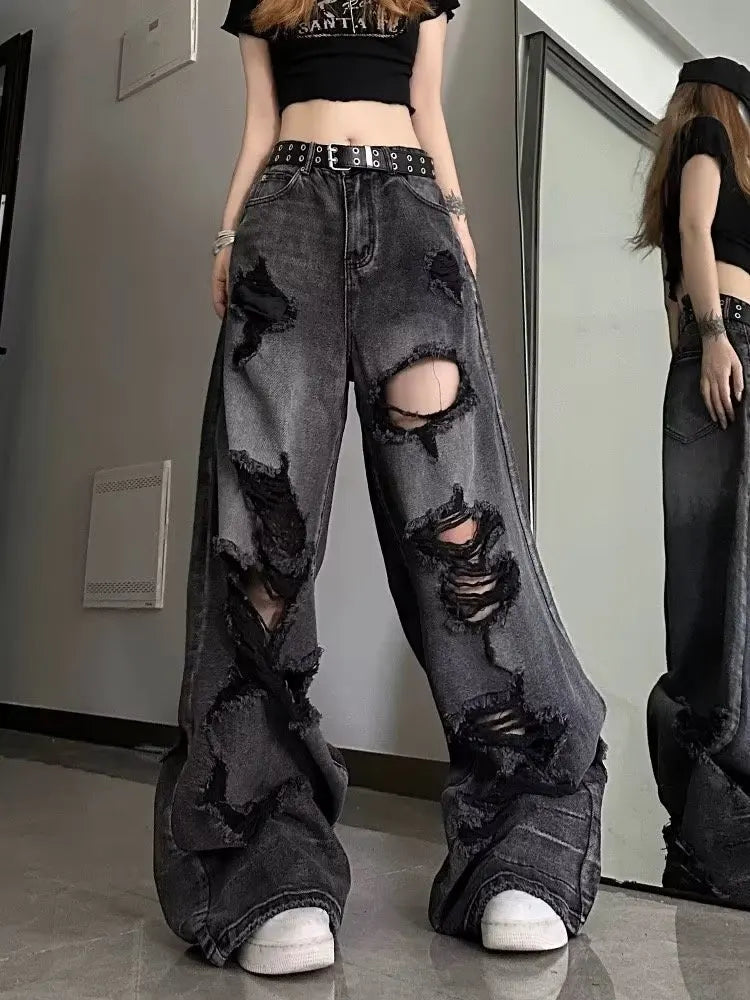 Niche Design Jeans, High Street Heavy Industry Wide Leg Pants,