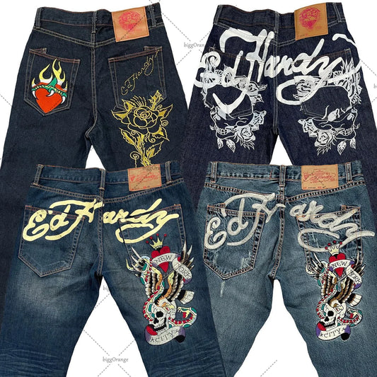 Printed street jeans men's Y2K hip-hop high-waisted straight retro