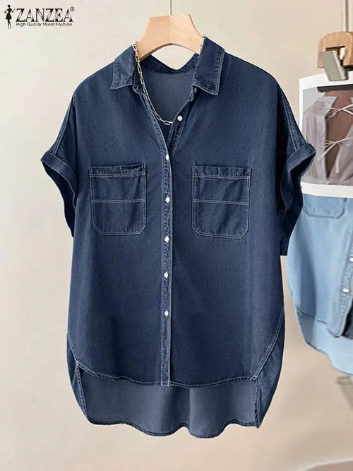 ZANZEA Elegant Short Sleeve Demin Blue Blouse Women Casual Solid