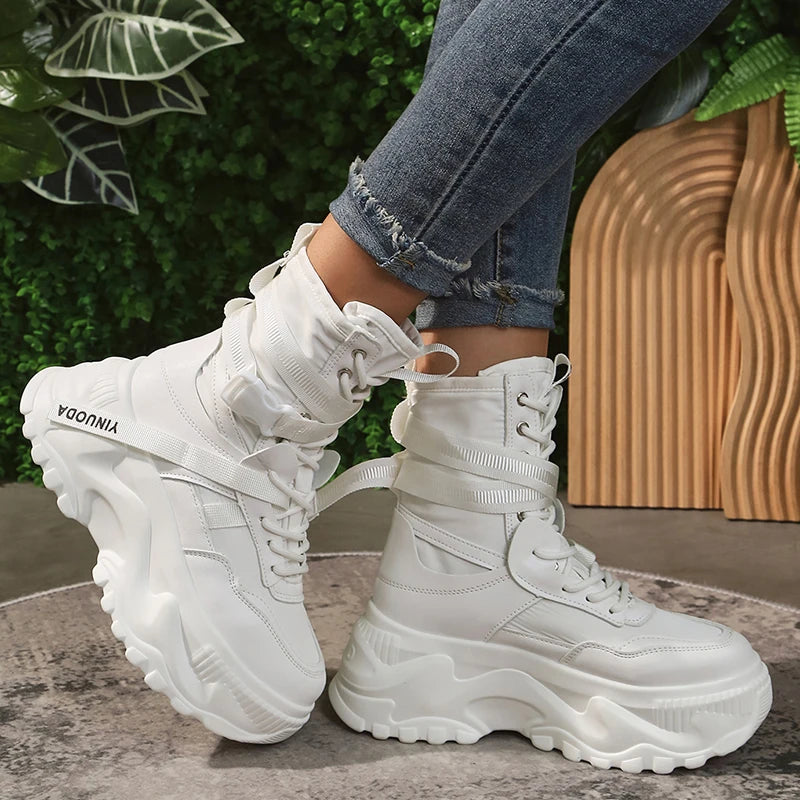 White Chunky Platform Motorcycle Boots Women Buckle Lace Up Thick