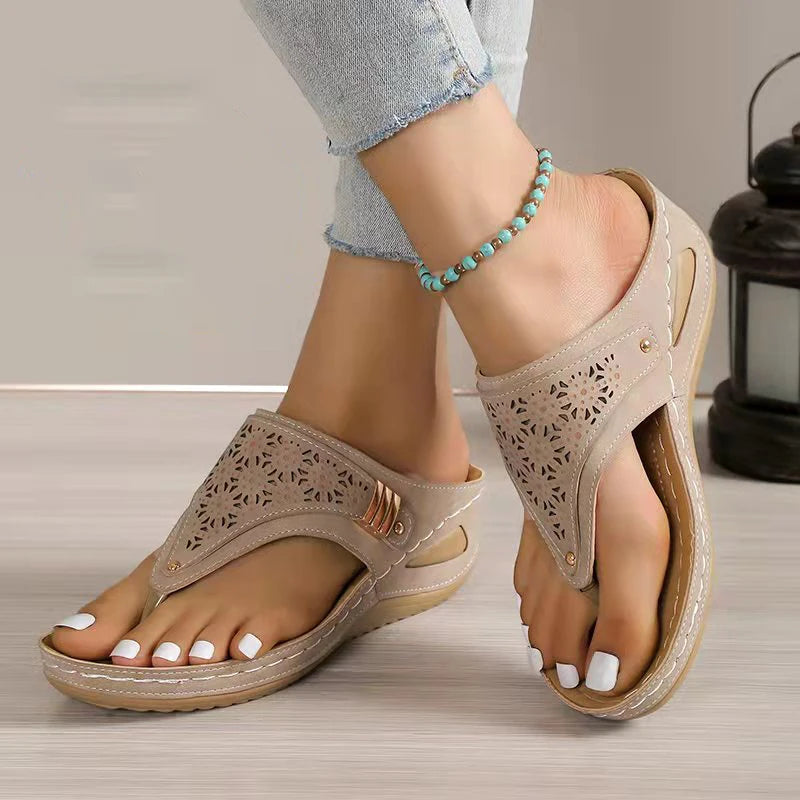 Clip Toe Wedge Heel Sandals for Women Summer Pu Leather Platform