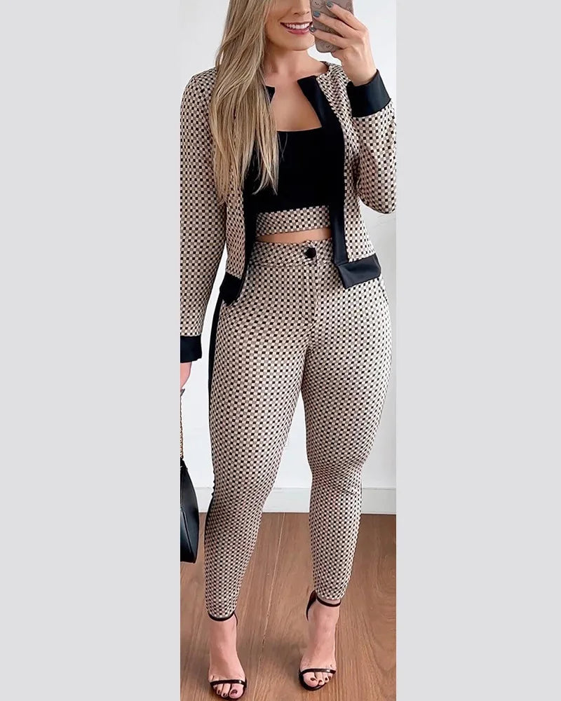 Sets Outifits Women Spring Autumn 3 Piece Set Plaid Print Crop