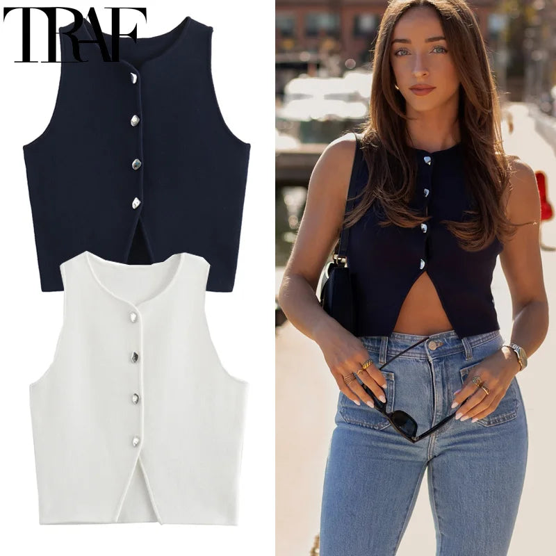 TRAF Knit Vest For Women Sleeveless Cropped Woman White Vest Fall