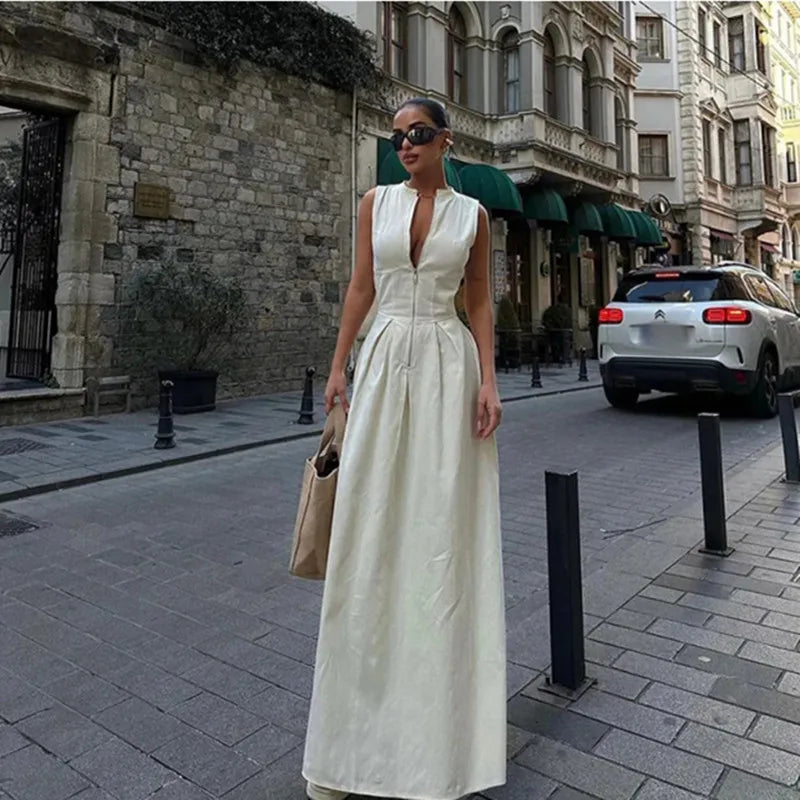 Sleeveless Spliced Zipper Maxi Summer Dress Women Elegant High Waist