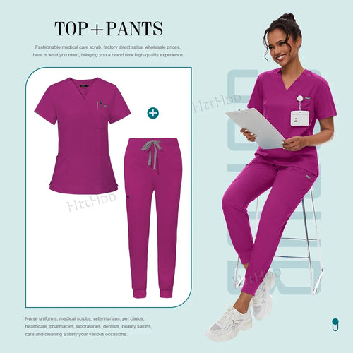 Scrubs Set for Women Joggers V-Neck Pocket Top Uniforms Medical