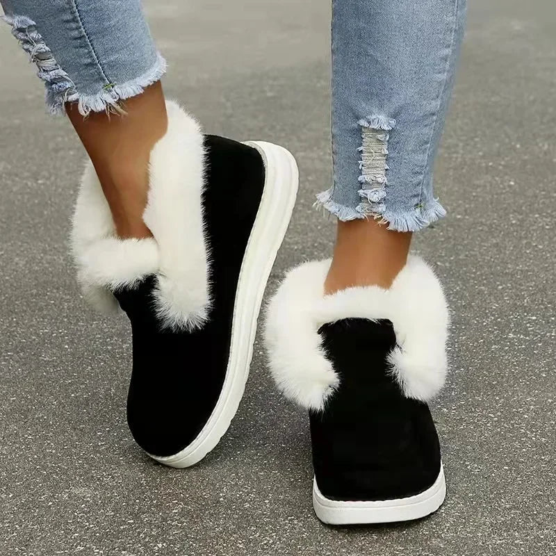 New Ladies Slip on Comfortable Ankle Boots Women Winter Warm Plush Fur