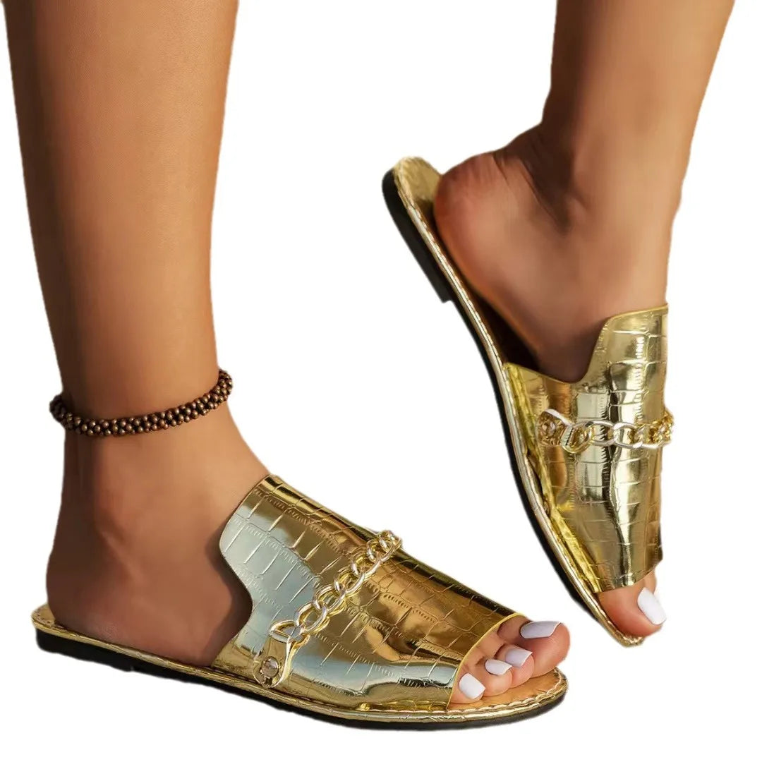 New Gold Metal Chain Peep Toe Slippers Women’s Flat Luxury