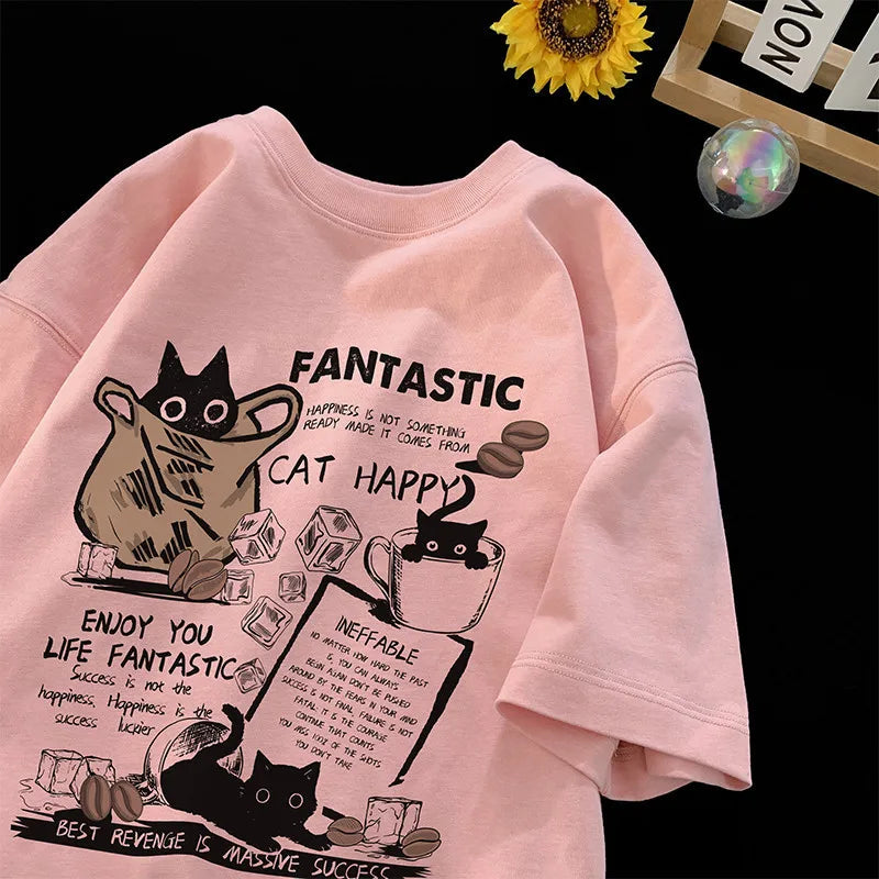 New Men Women T Shirt Pullover Oversize Korean version Cartoon Cat