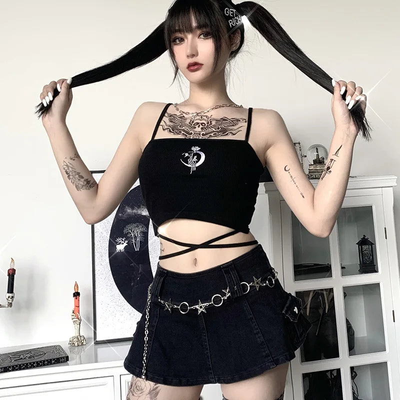 Gothic Women's Print Suspender Sleeveless Square Neck Slim Crop Top